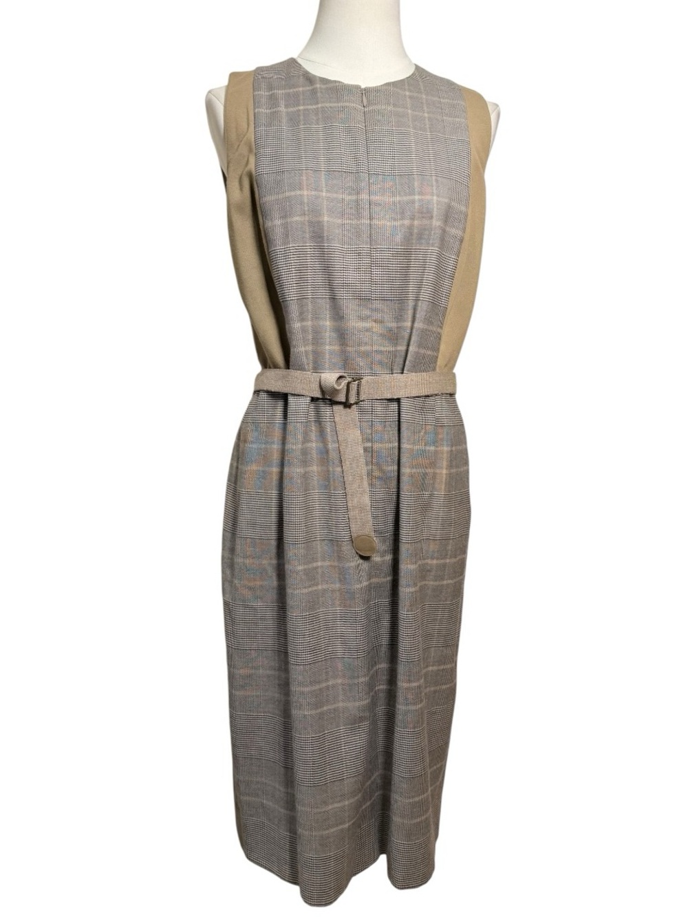 Akris Punto Glen Check Plaid Wool Belted Midi Dress Tan Black Size 8